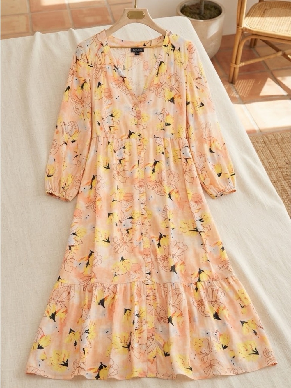 Style&Co Peach and Yellow Heart Floral Tiered Midi Dress with V-Neck